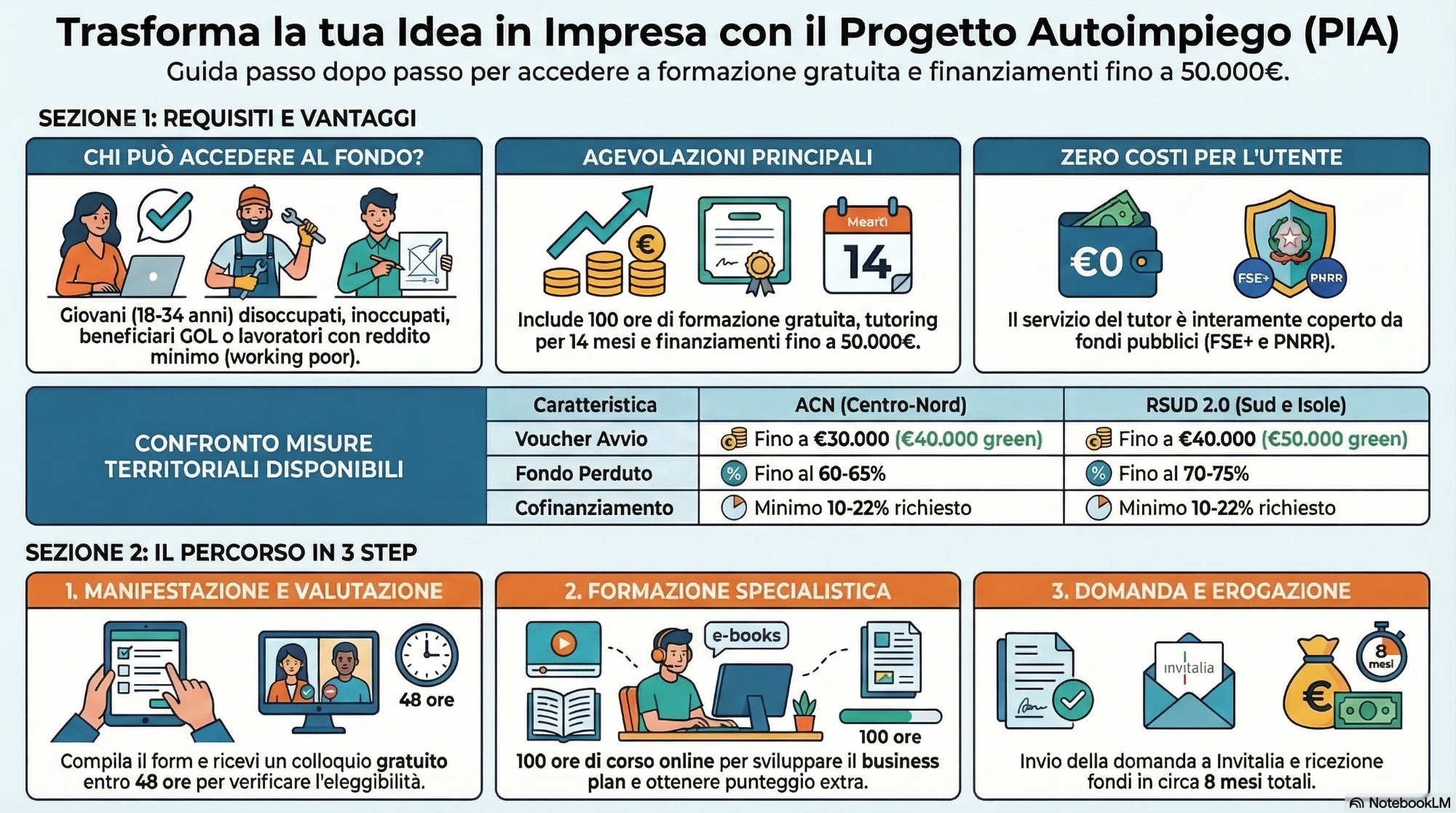 Infografica di confronto tra le misure ACN (Centro-Nord) e RSUD 2.0 (Sud e Isole): requisiti, voucher avvio, fondo perduto, cofinanziamento e percorso in 3 step verso il finanziamento